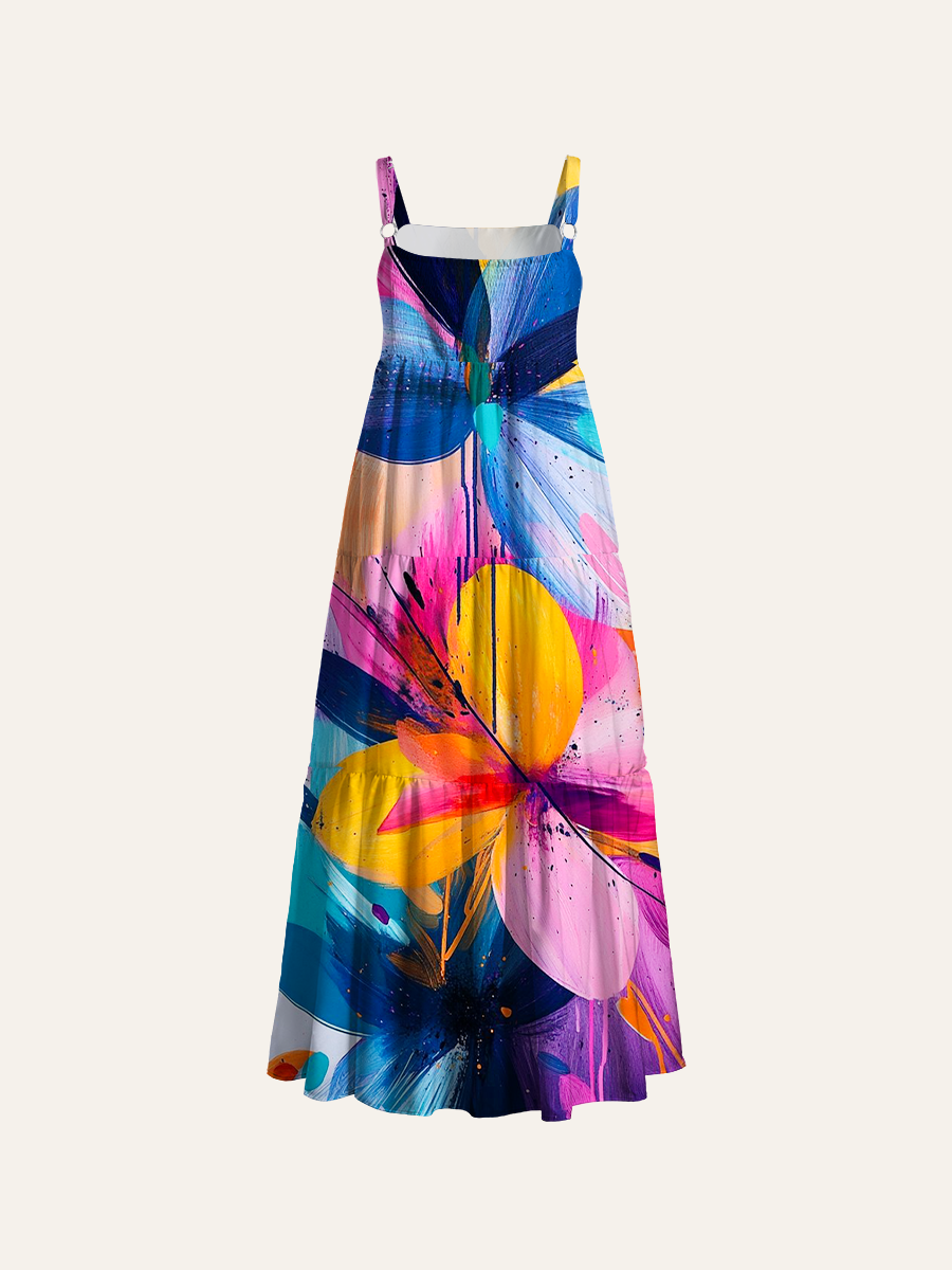 Vibrant Neon Gradient Blooms Adjustable Wide Straps Maxi Dress