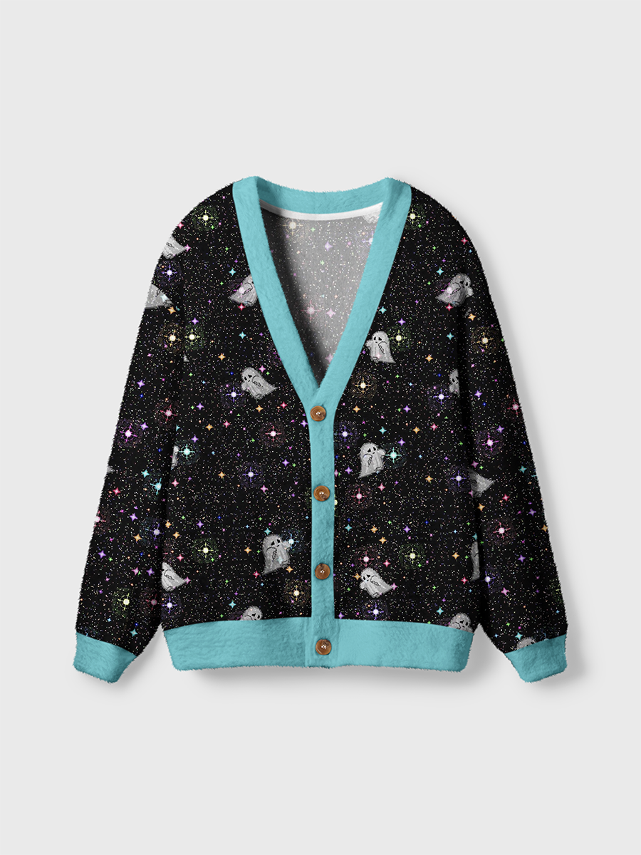 Vintage Pixel-Style Cute Ghosts and Colorful Cross Starlight Cardigan Sweaters