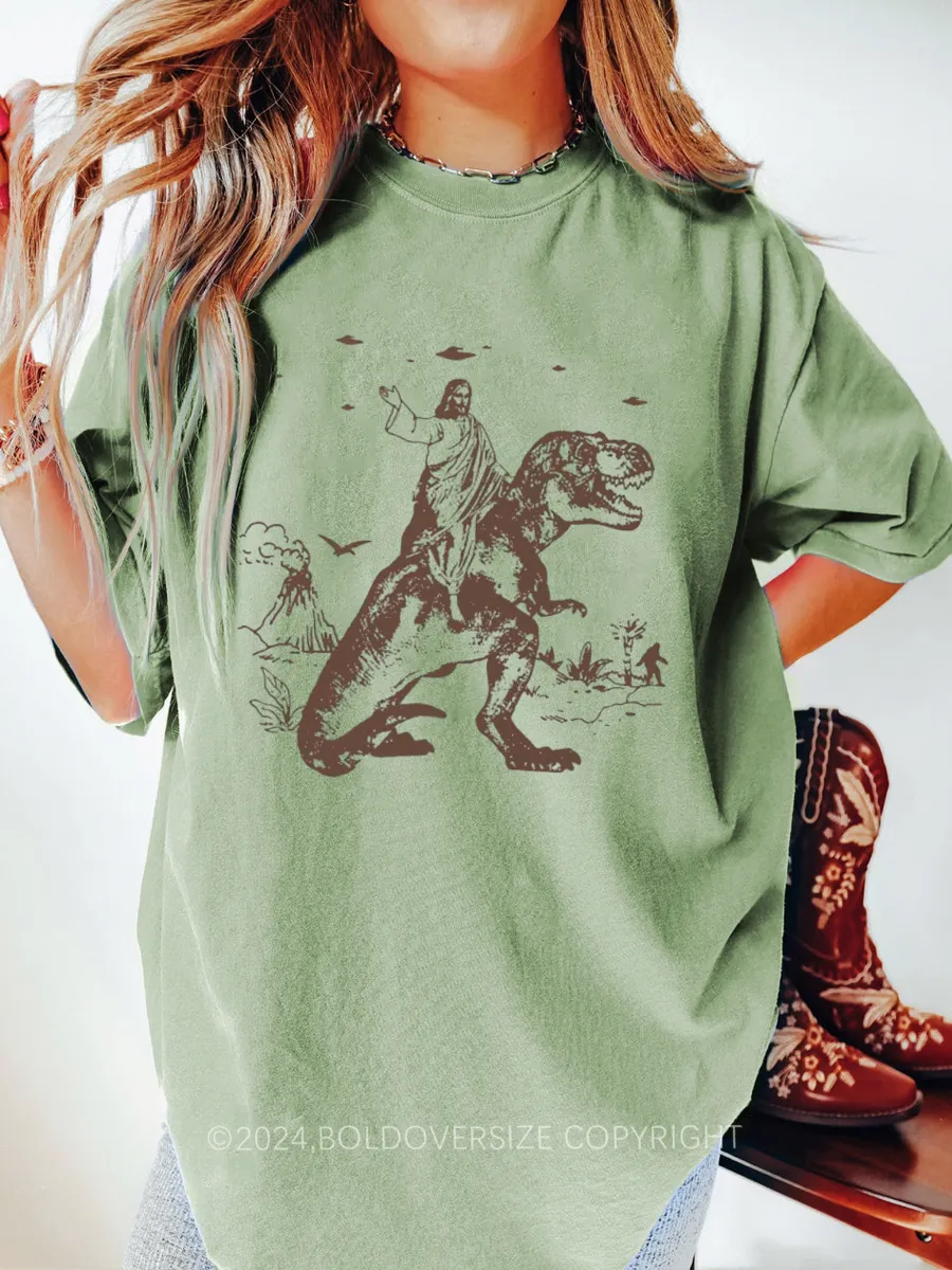 Vintage Jesus Riding Dinosaur Funny Tee