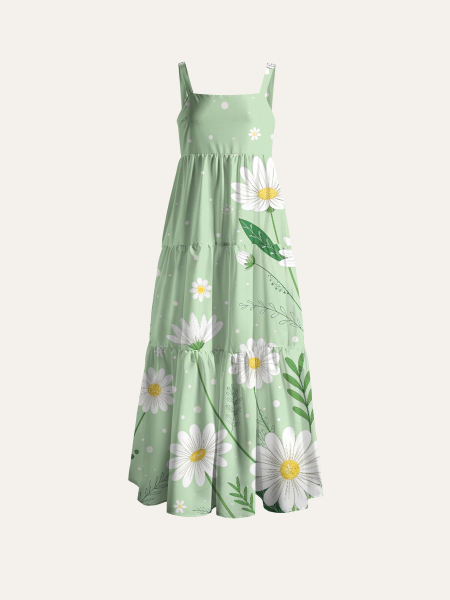 Minimalist Thin Line Chamomile Blooms Adjustable Wide Straps Maxi Dress
