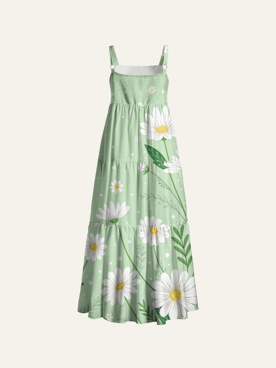 Minimalist Thin Line Chamomile Blooms Adjustable Wide Straps Maxi Dress