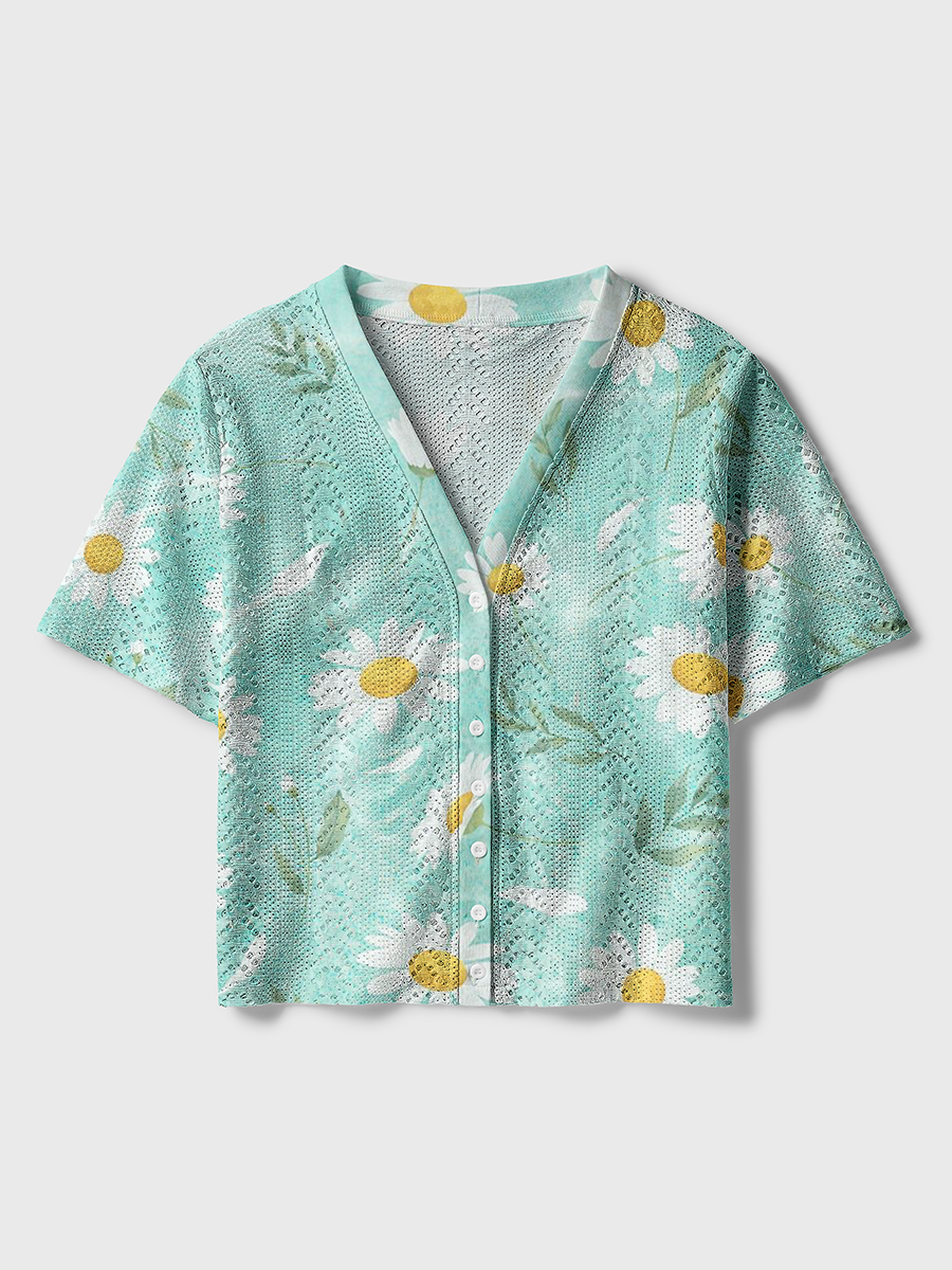 Soft Mint Water Ripple Daisy Crochet Button Down Cardigan