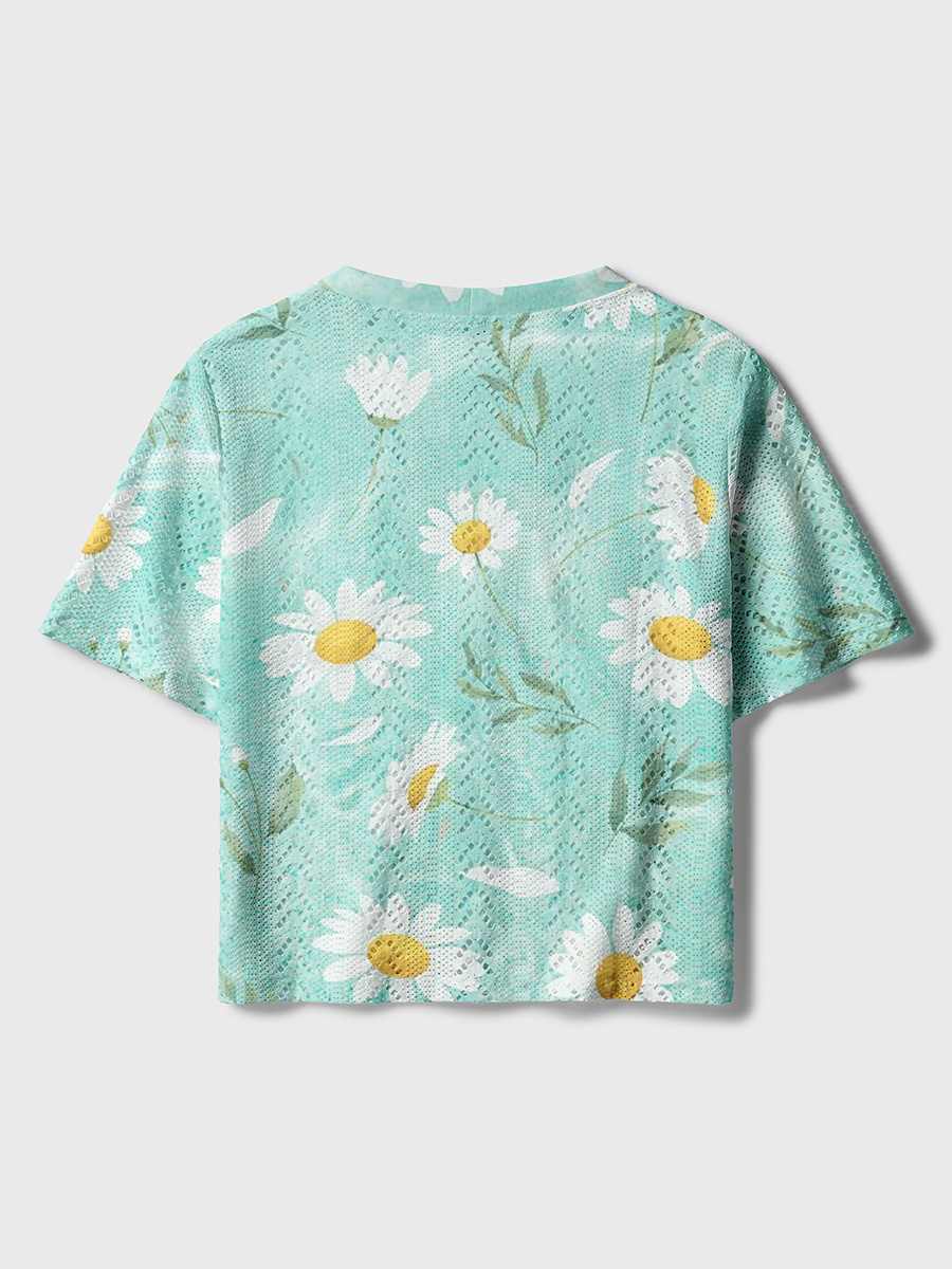Soft Mint Water Ripple Daisy Crochet Button Down Cardigan