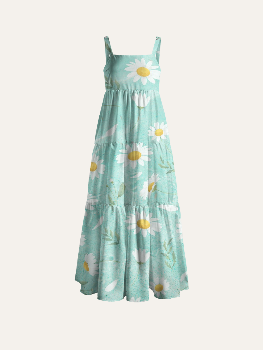 Soft Mint Water Ripple Daisy Adjustable Wide Straps Maxi Dress