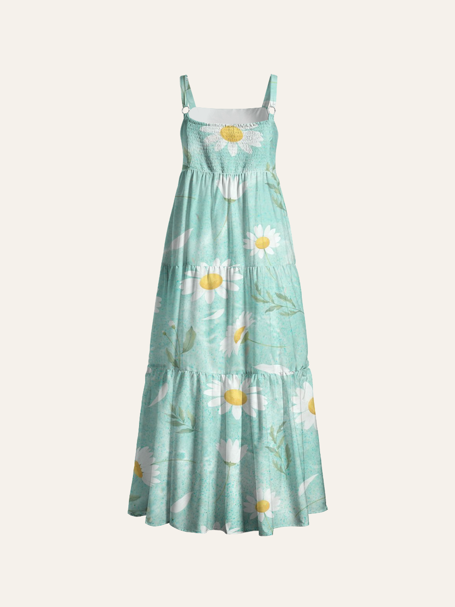 Soft Mint Water Ripple Daisy Adjustable Wide Straps Maxi Dress