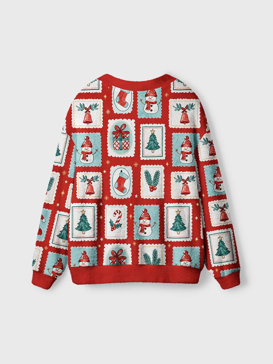 Vintage Santa Claus, Snowmen, and Christmas Trees Postage Stamps Cardigan Sweaters