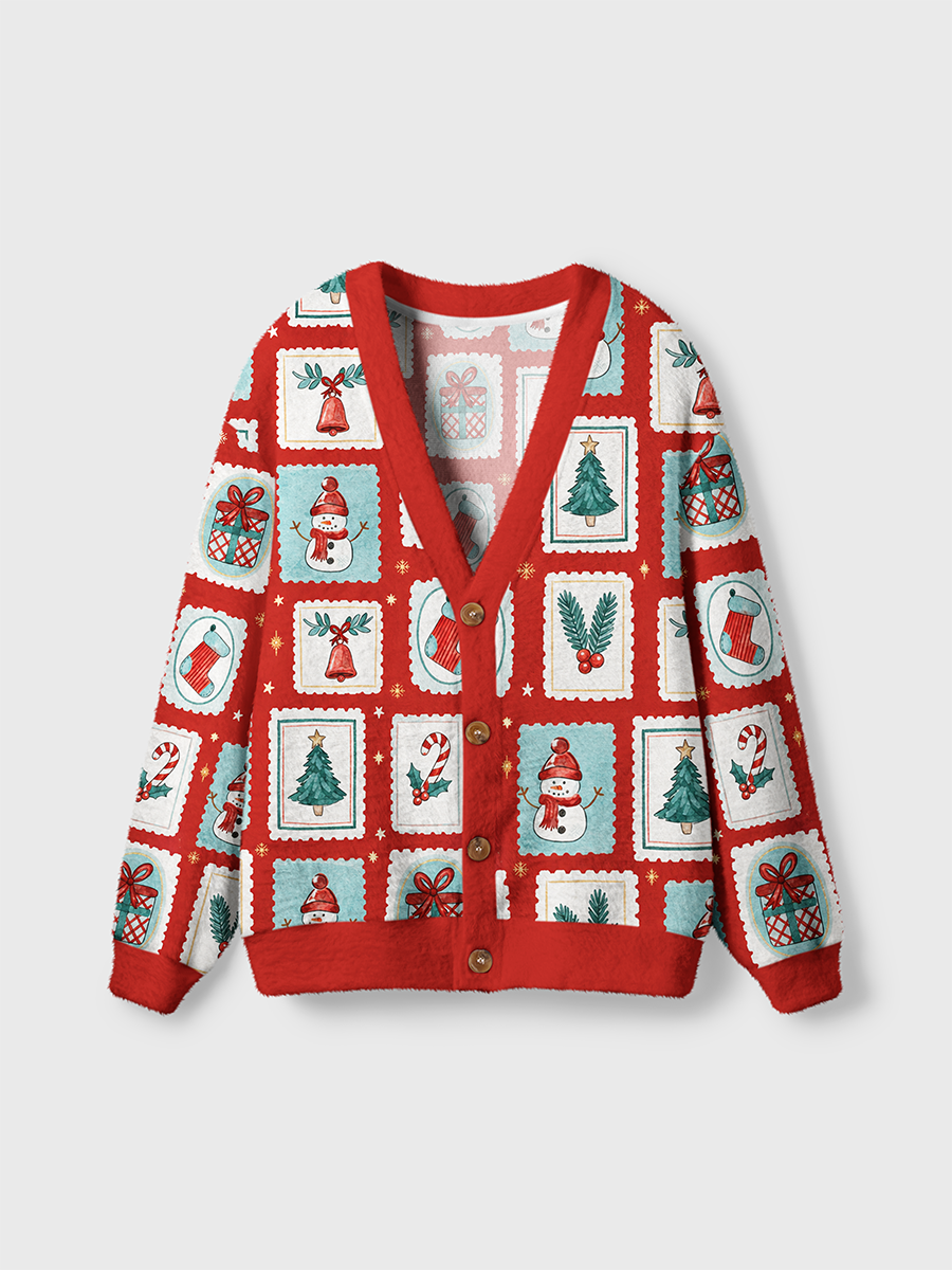Vintage Santa Claus, Snowmen, and Christmas Trees Postage Stamps Cardigan Sweaters