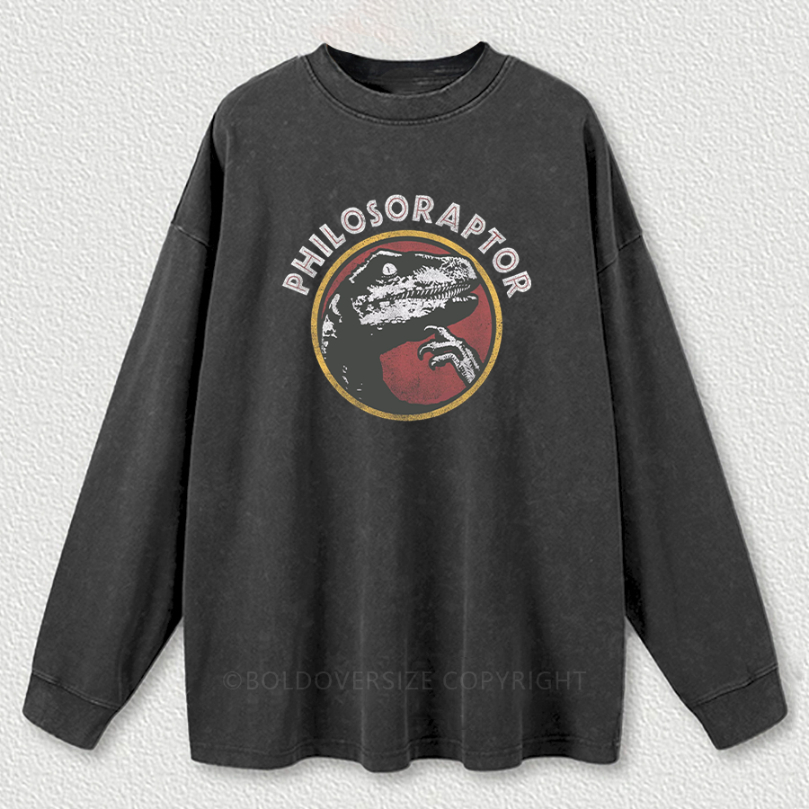 Vintage Deep Thinker Philosoraptor Dinosaur Washed Long Sleeve Shirt