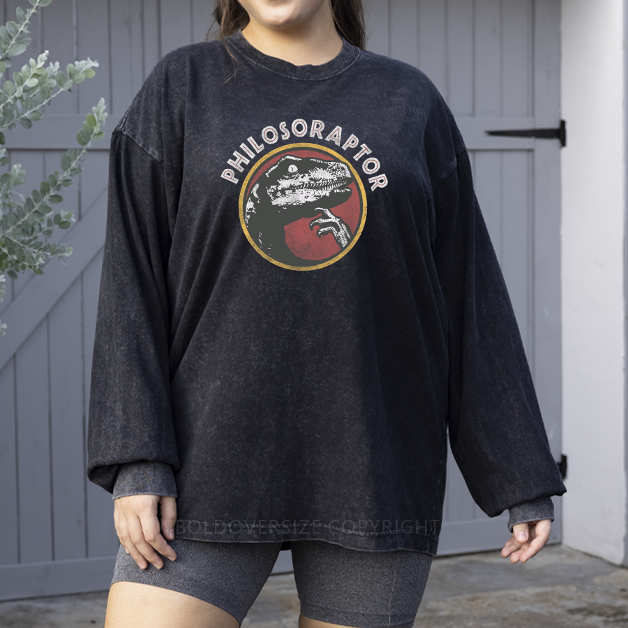 Vintage Deep Thinker Philosoraptor Dinosaur Washed Long Sleeve Shirt