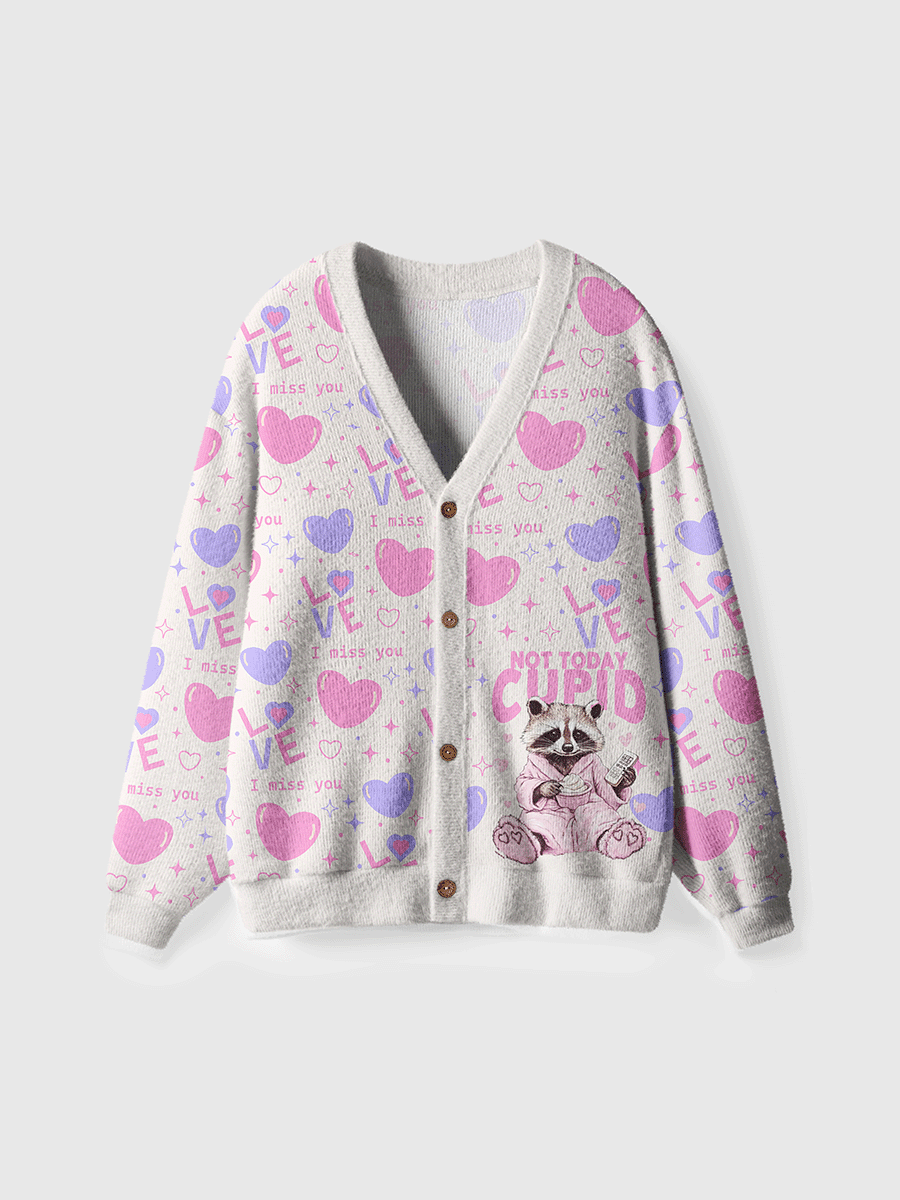 Vintage Not Today Cupid Snarky Raccoon Valentine's Day Cardigan Sweaters