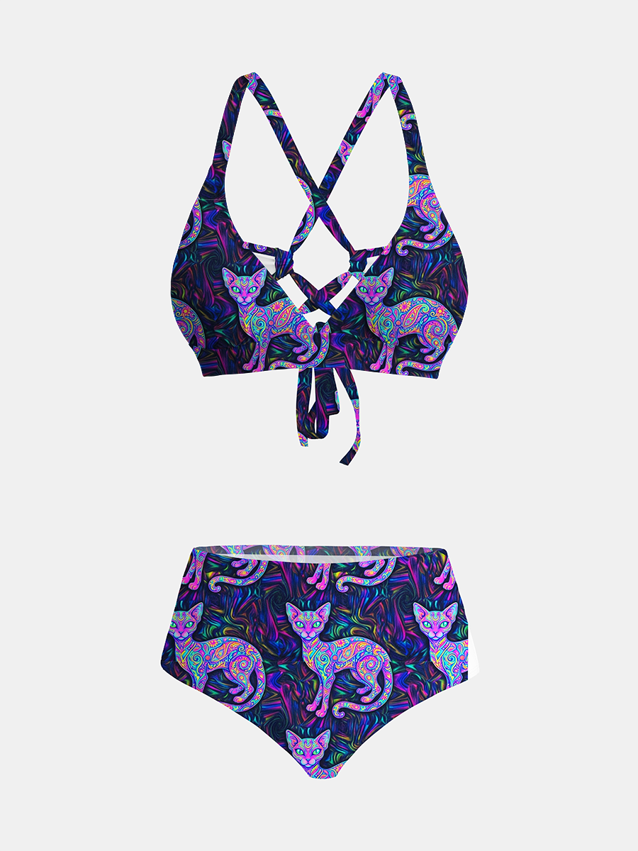 Vintag Bohemian Sugar Skull Sphynx Cats With Paisley Strappy Two-Piece Swimsuit