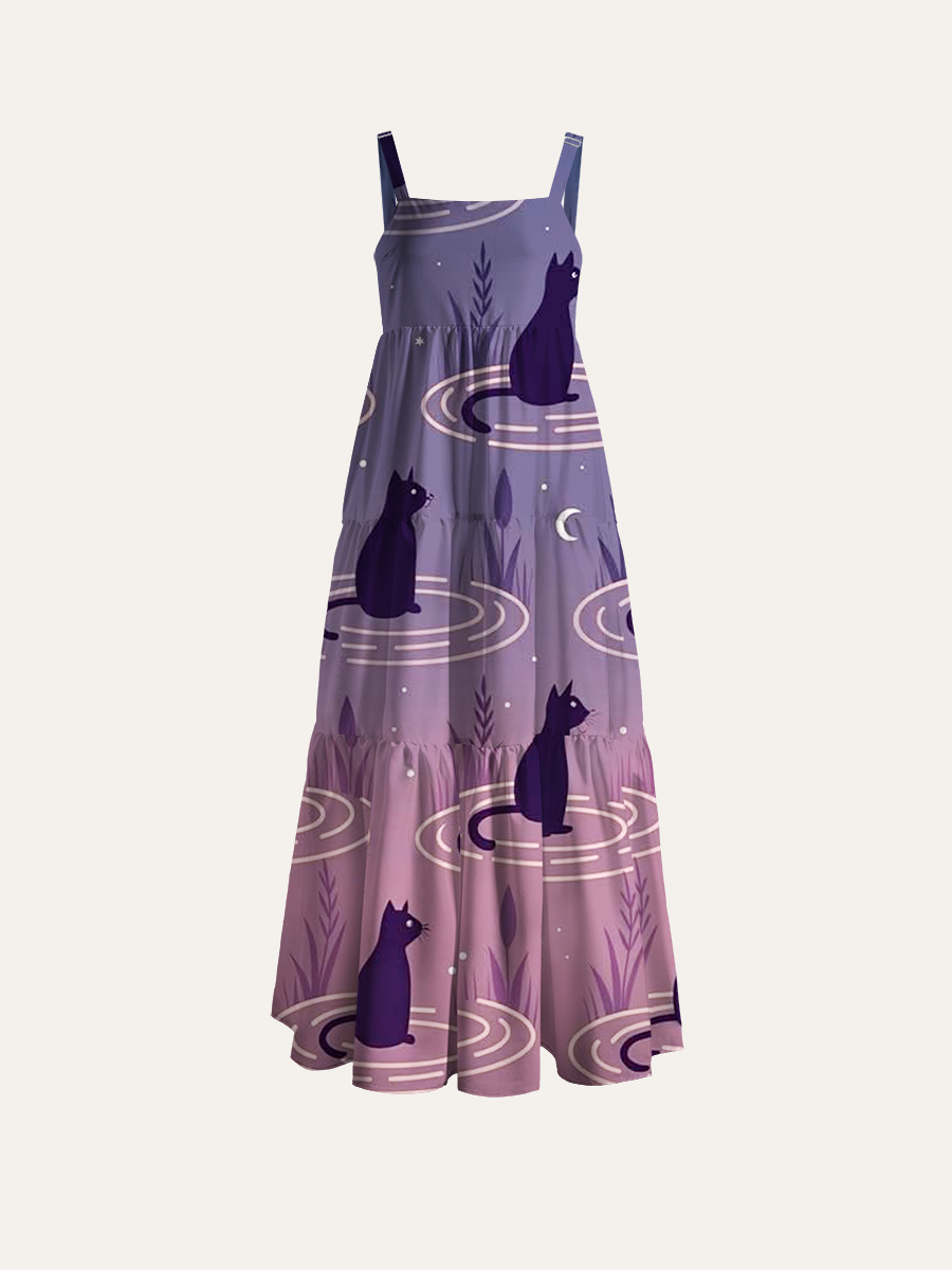Starlit Night Cat Silhouette Adjustable Wide Straps Maxi Dress