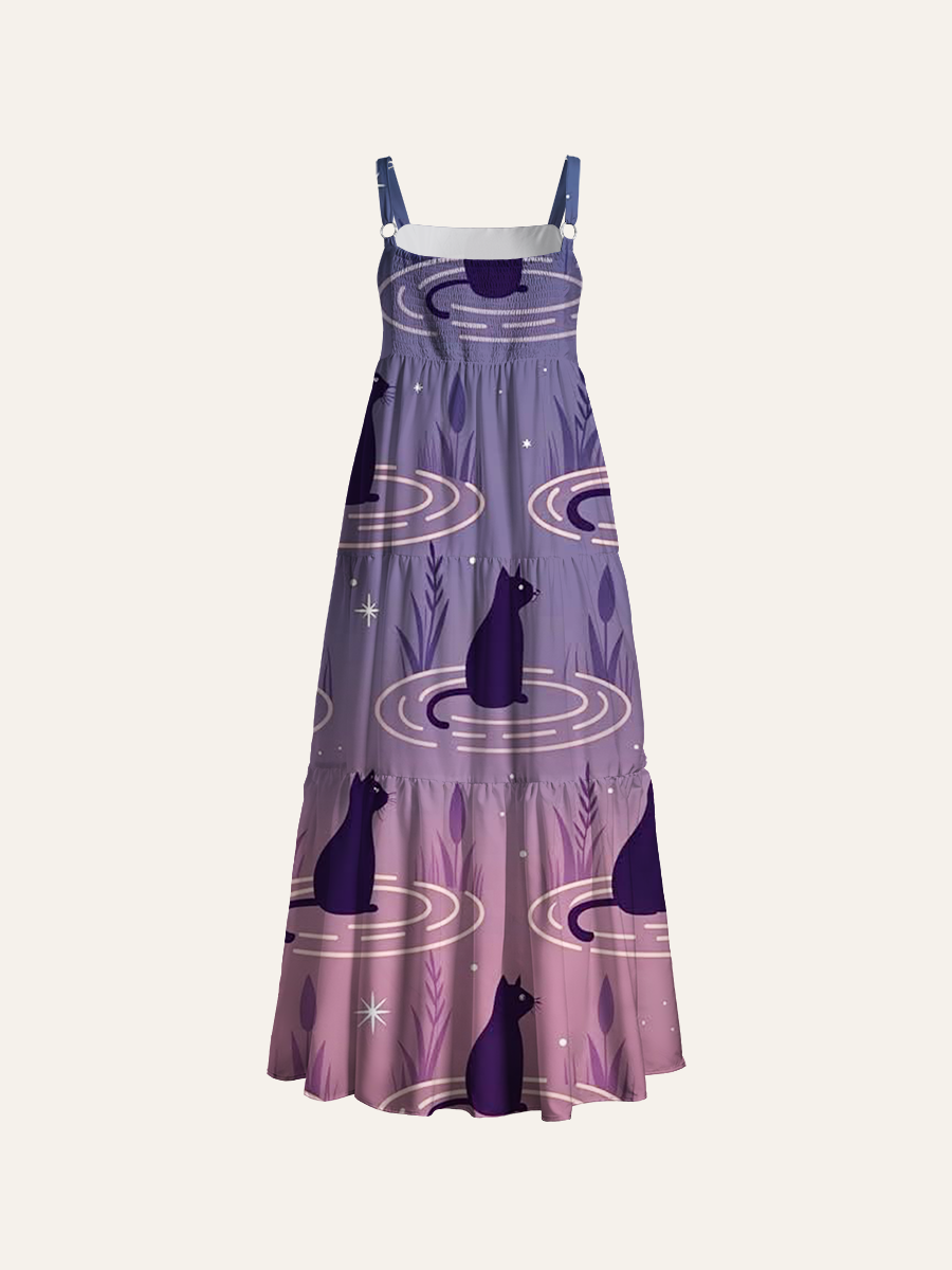 Starlit Night Cat Silhouette Adjustable Wide Straps Maxi Dress