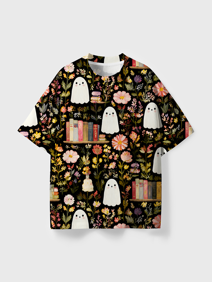 Vintage Black Background Fall Wildflower Simple Ghost All Over Print T-Shirt