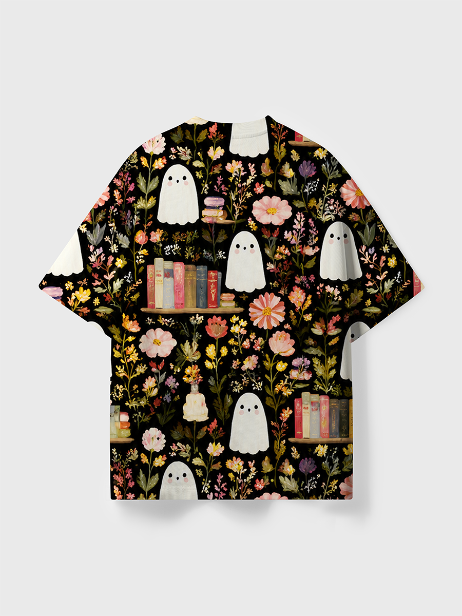 Vintage Black Background Fall Wildflower Simple Ghost All Over Print T-Shirt