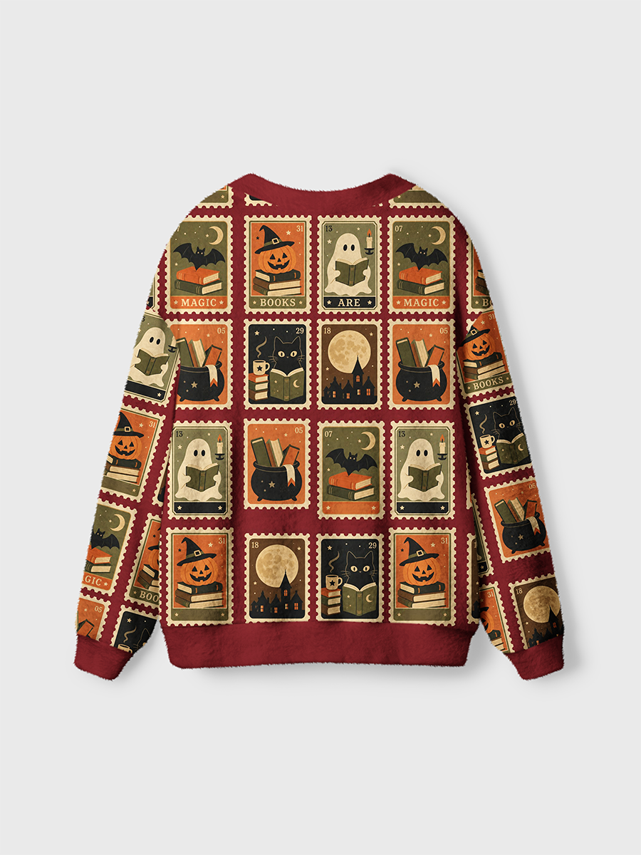 Vintage Halloween Pumpkins Stamps Cardigan Sweaters