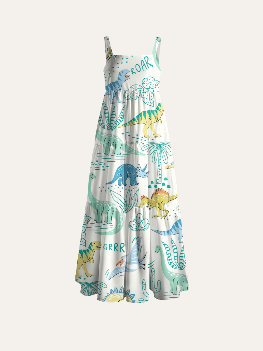 Cute Pastel Cartoon Dinosaur Adjustable Wide Straps Maxi Dress