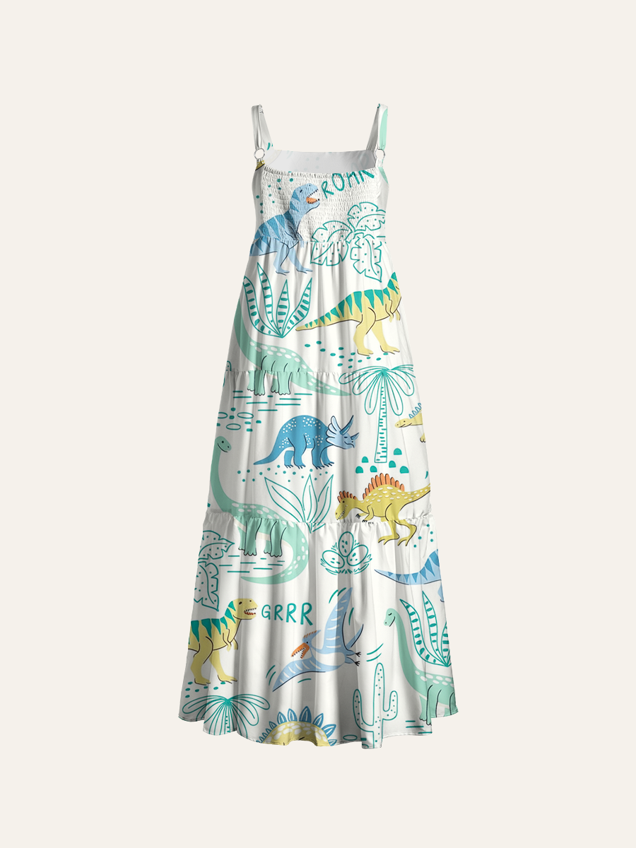 Cute Pastel Cartoon Dinosaur Adjustable Wide Straps Maxi Dress