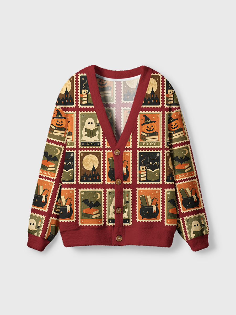 Vintage Halloween Pumpkins Stamps Cardigan Sweaters