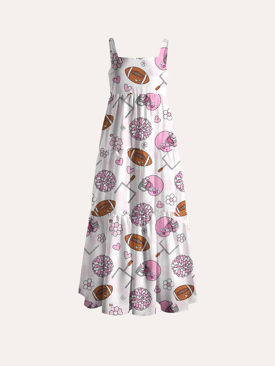 Coquette Pink Check Football Adjustable Wide Straps Maxi Dress