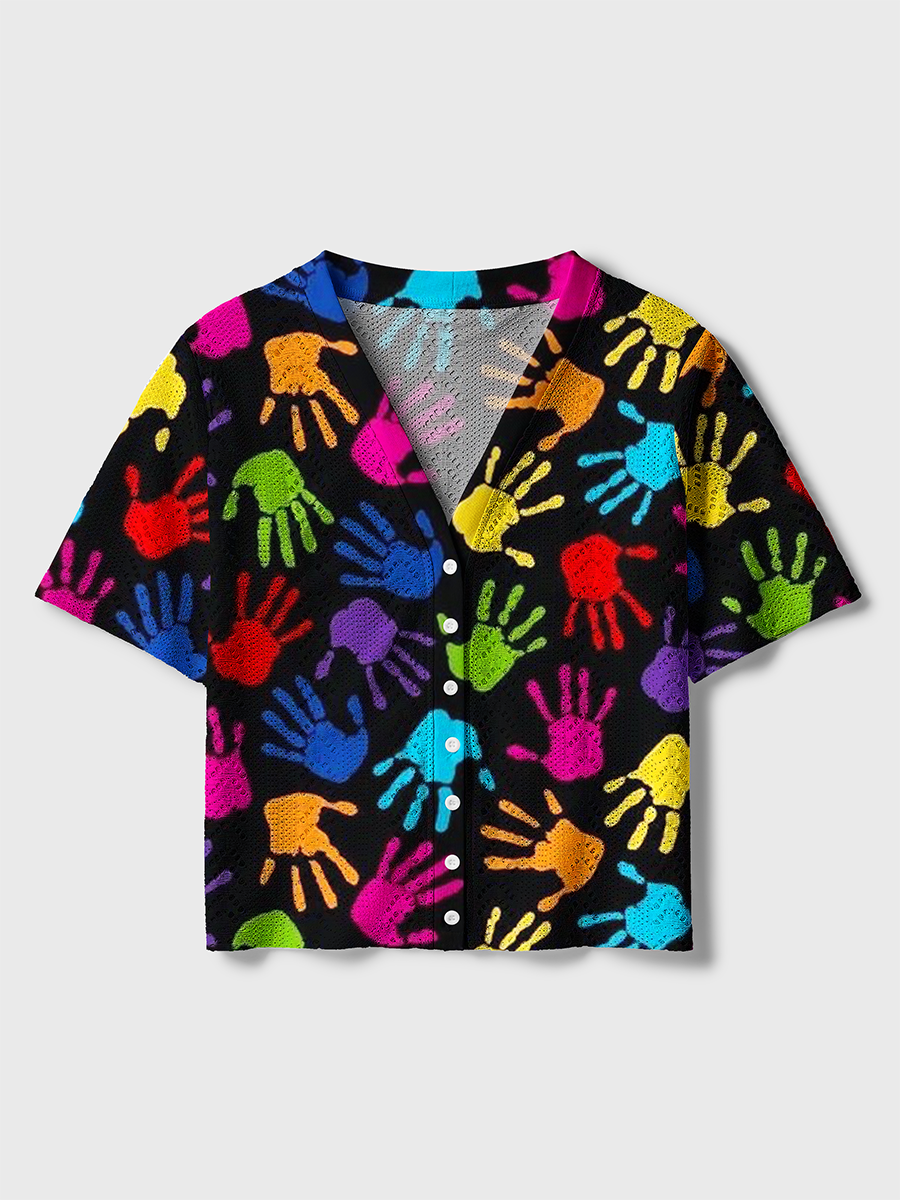 Bright Primary Neon Handprint Crochet Button Down Cardigan