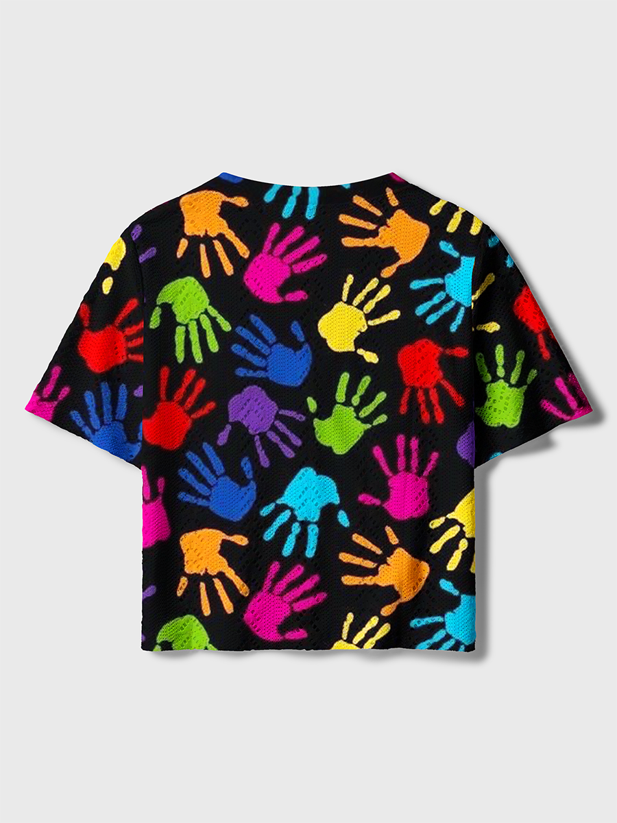 Bright Primary Neon Handprint Crochet Button Down Cardigan