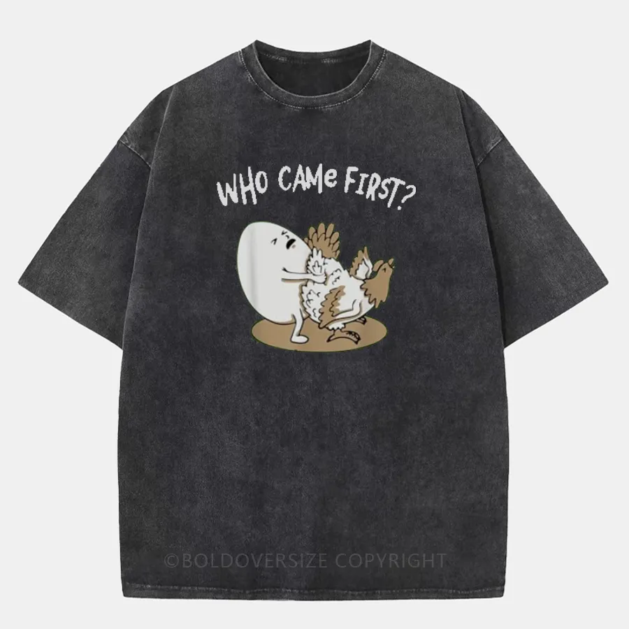 Vintage Who Came First Chicken Or Egg Washed T-Shirt