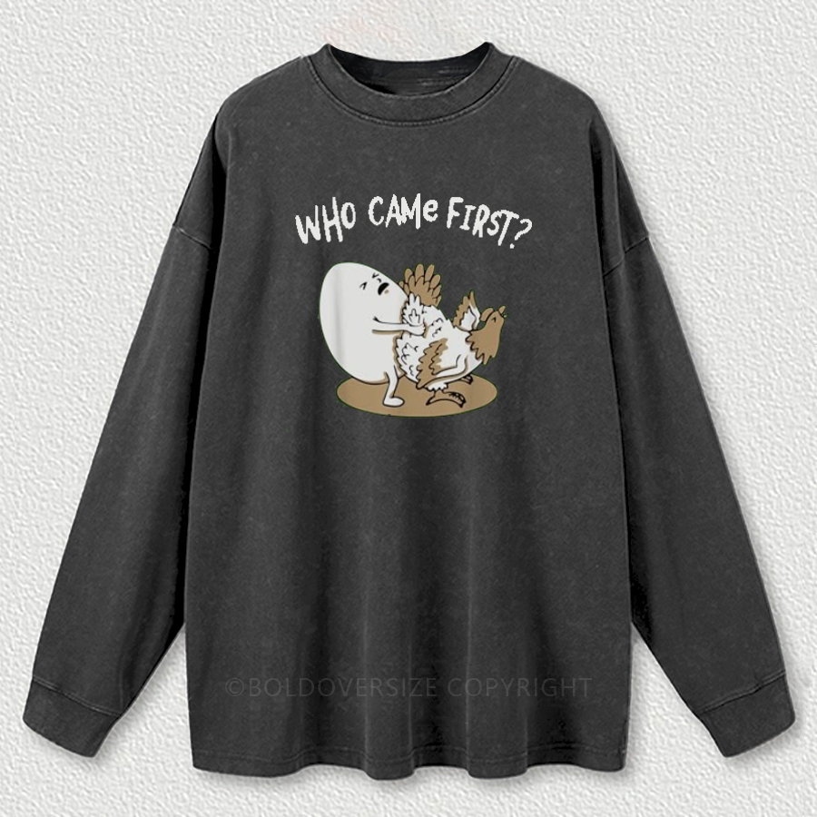 Vintage Who Came First Chicken Or Egg Washed Long Sleeve Shirt