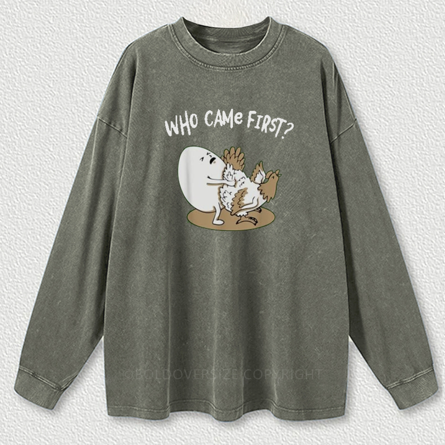 Vintage Who Came First Chicken Or Egg Washed Long Sleeve Shirt