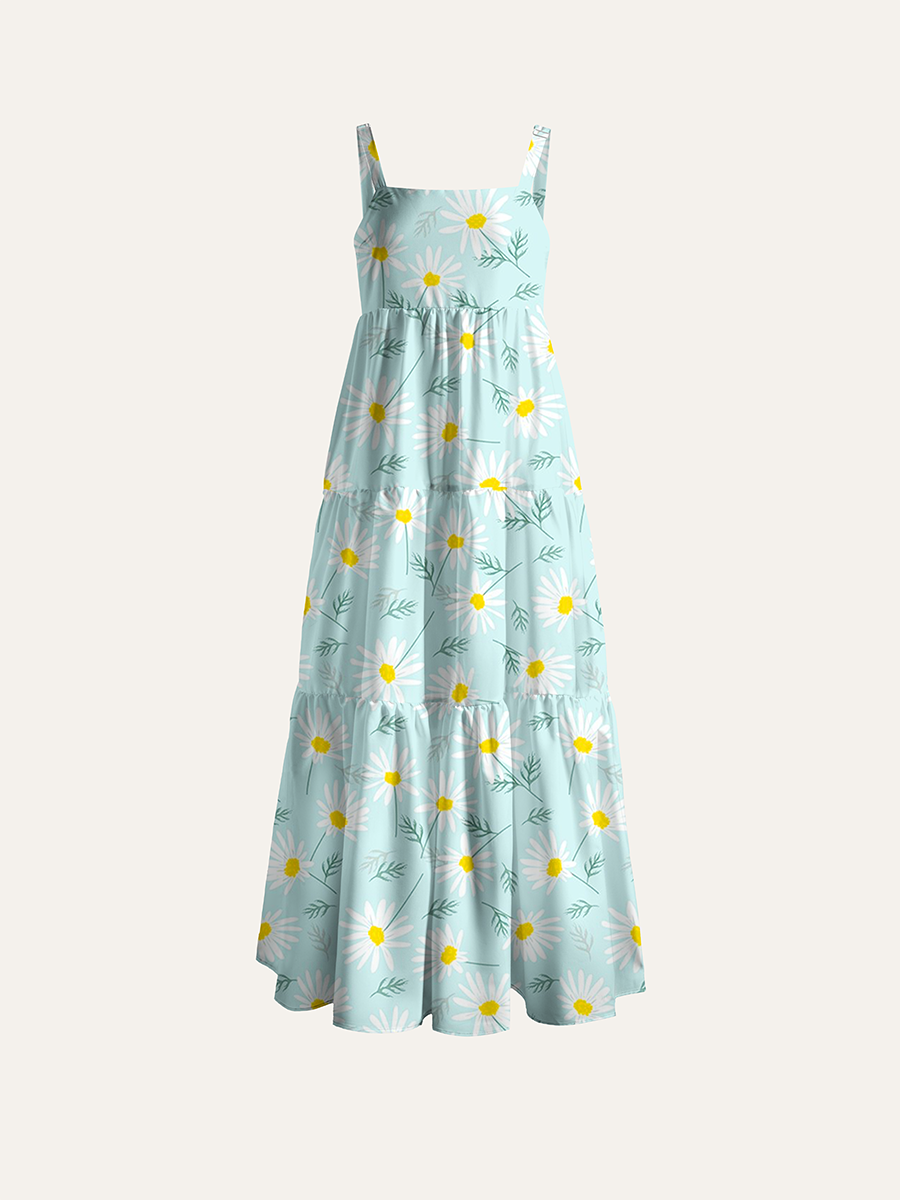 Soft Mint Green Daisy Adjustable Wide Straps Maxi Dress