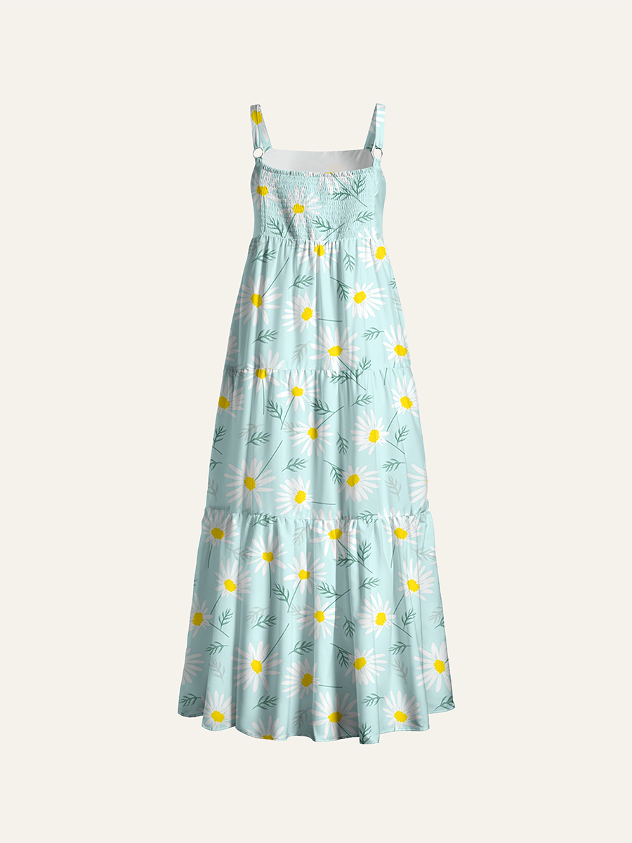 Soft Mint Green Daisy Adjustable Wide Straps Maxi Dress