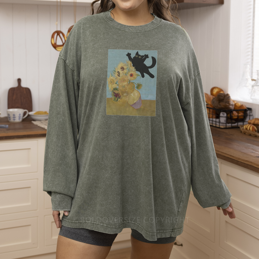 Vintage Cat Sunflowers Washed Long Sleeve Shirt