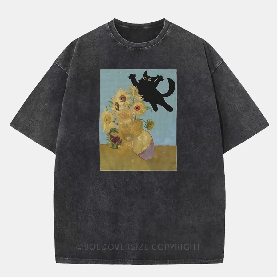 Vintage Cat Sunflowers Washed T-Shirt