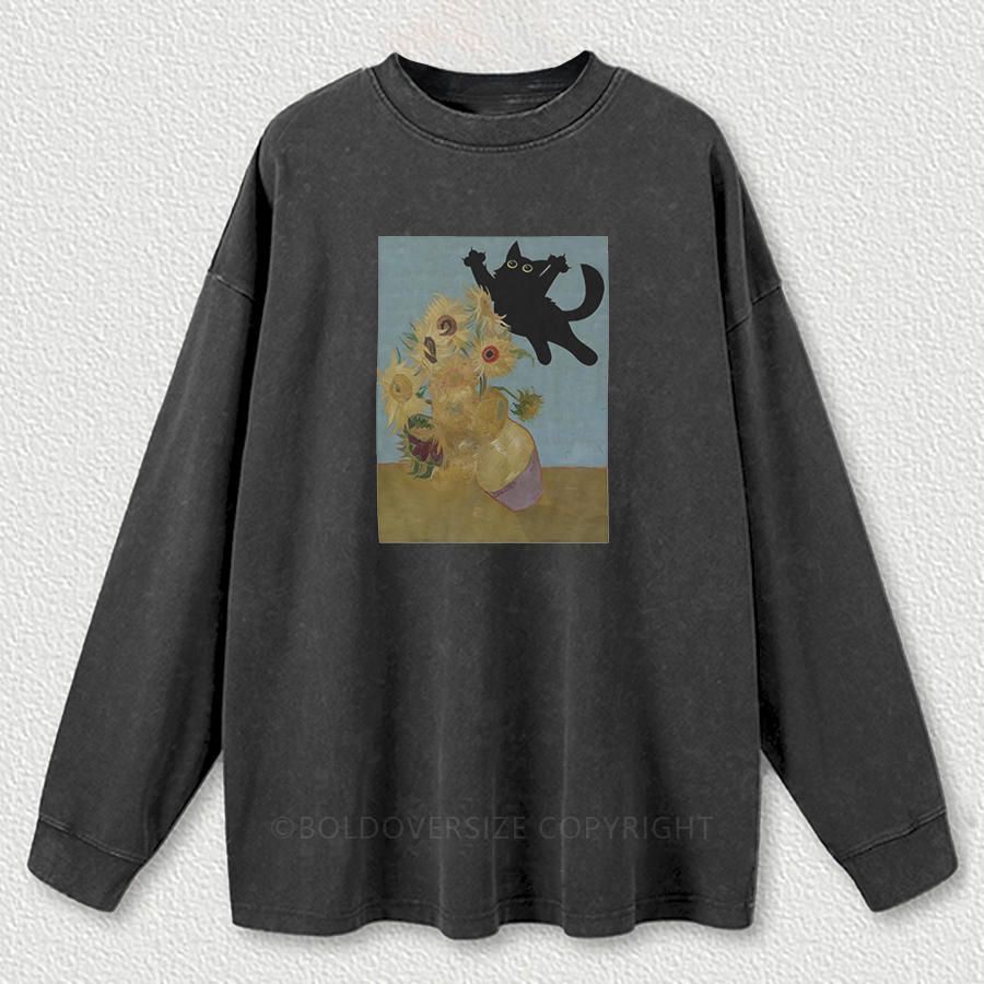 Vintage Cat Sunflowers Washed Long Sleeve Shirt