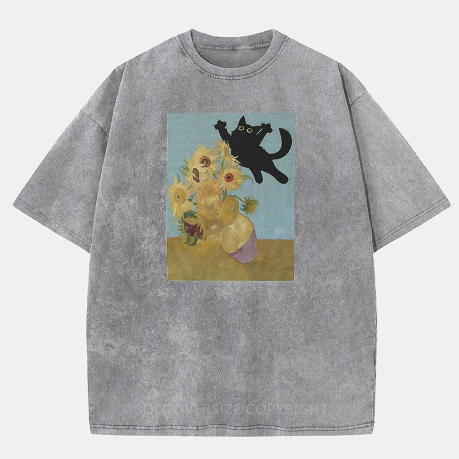 Vintage Cat Sunflowers Washed T-Shirt