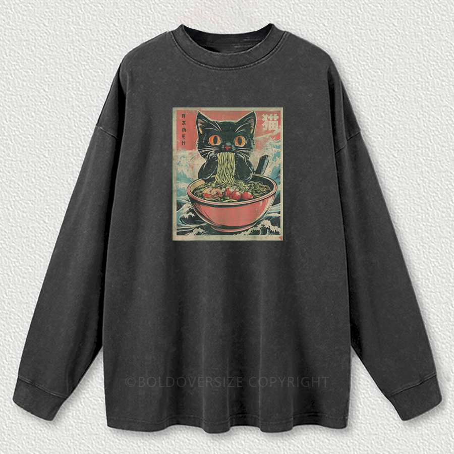 Vintage Cat Ramen Washed Long Sleeve Shirt