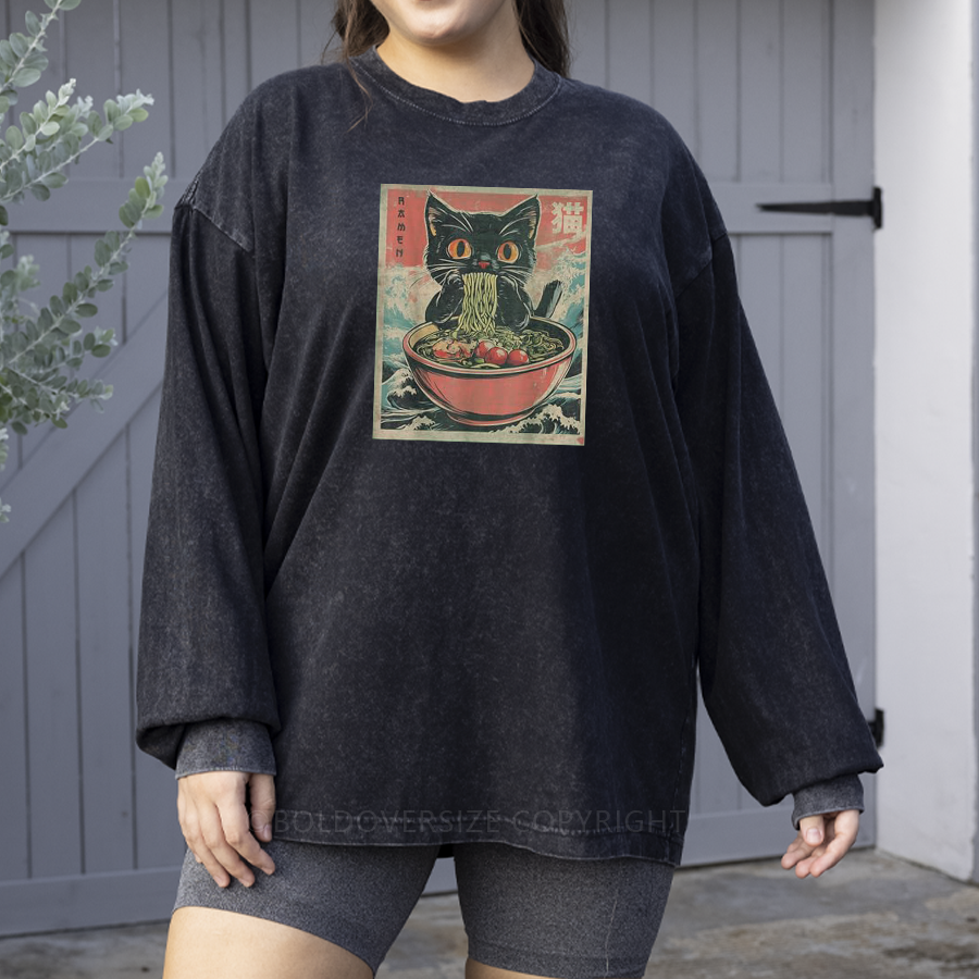 Vintage Cat Ramen Washed Long Sleeve Shirt