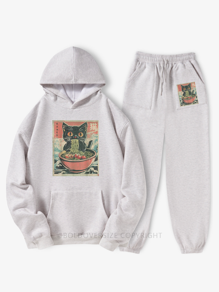 Vintage Cat Ramen Hoodie Suit