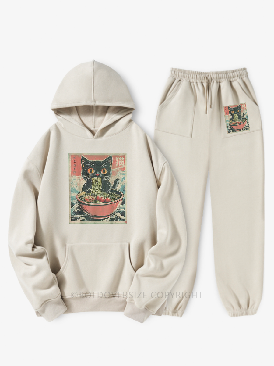 Vintage Cat Ramen Hoodie Suit