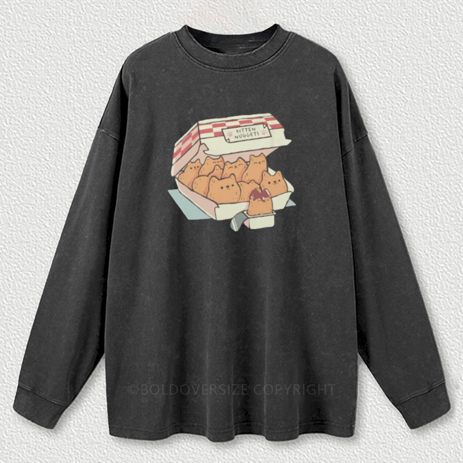 Vintage Fast Food Cat  Washed Long Sleeve Shirt