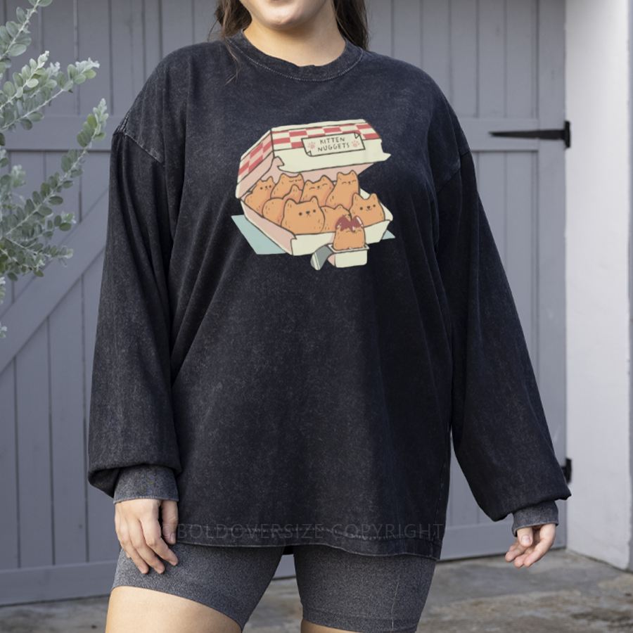 Vintage Fast Food Cat  Washed Long Sleeve Shirt
