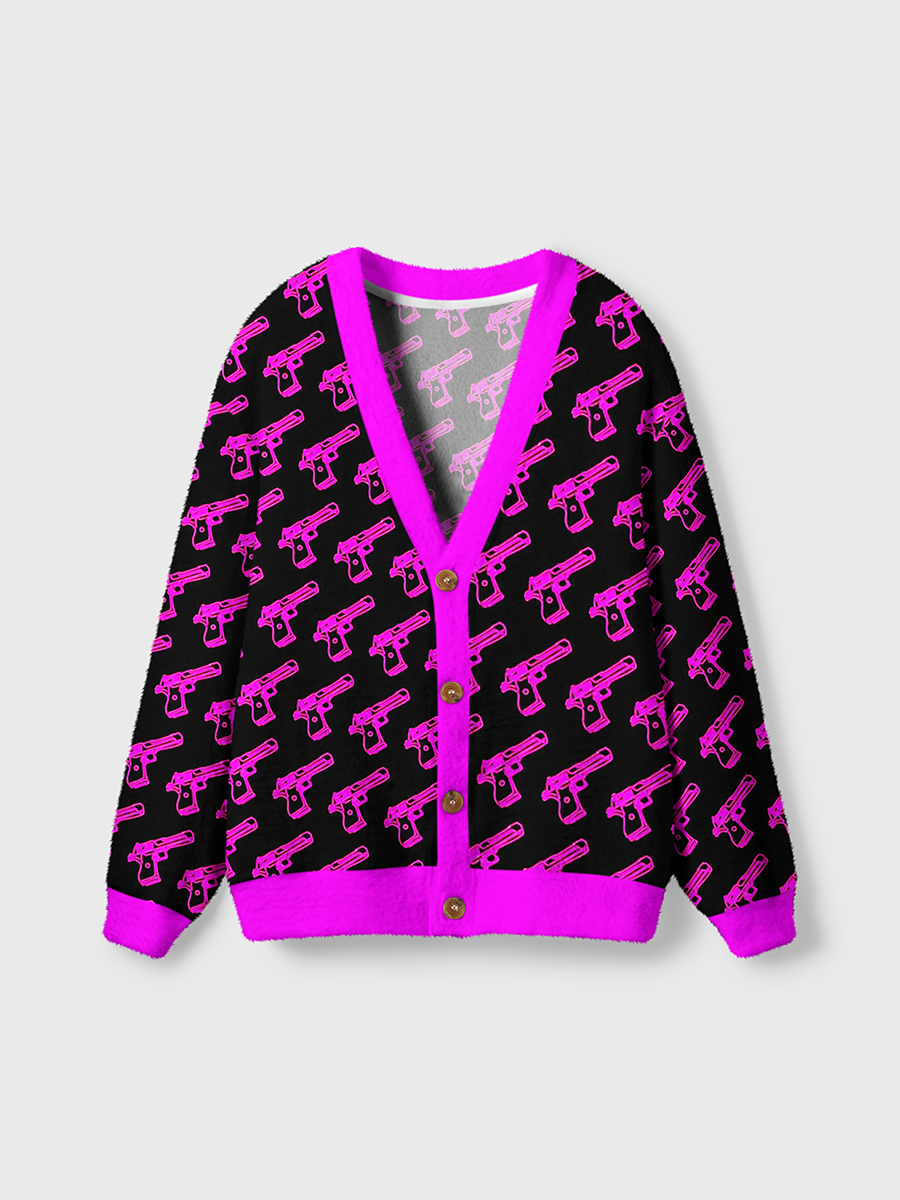 Vintage Neon Pink Handgun Weapons Cardigan Sweaters