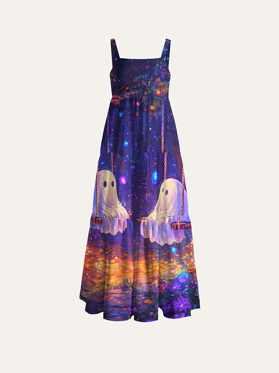 Magical Twilight Forest Two Ghost Swing Halloween Adjustable Wide Straps Maxi Dress