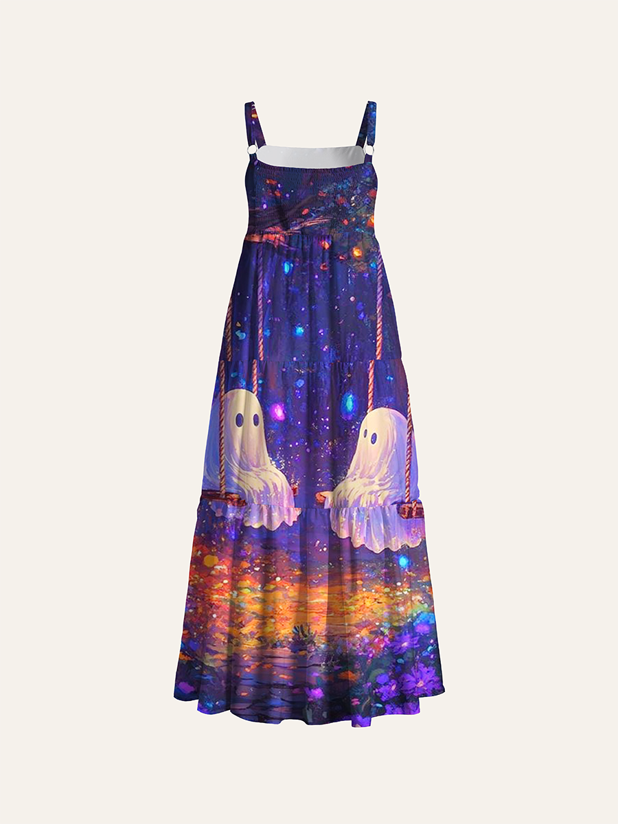 Magical Twilight Forest Two Ghost Swing Halloween Adjustable Wide Straps Maxi Dress