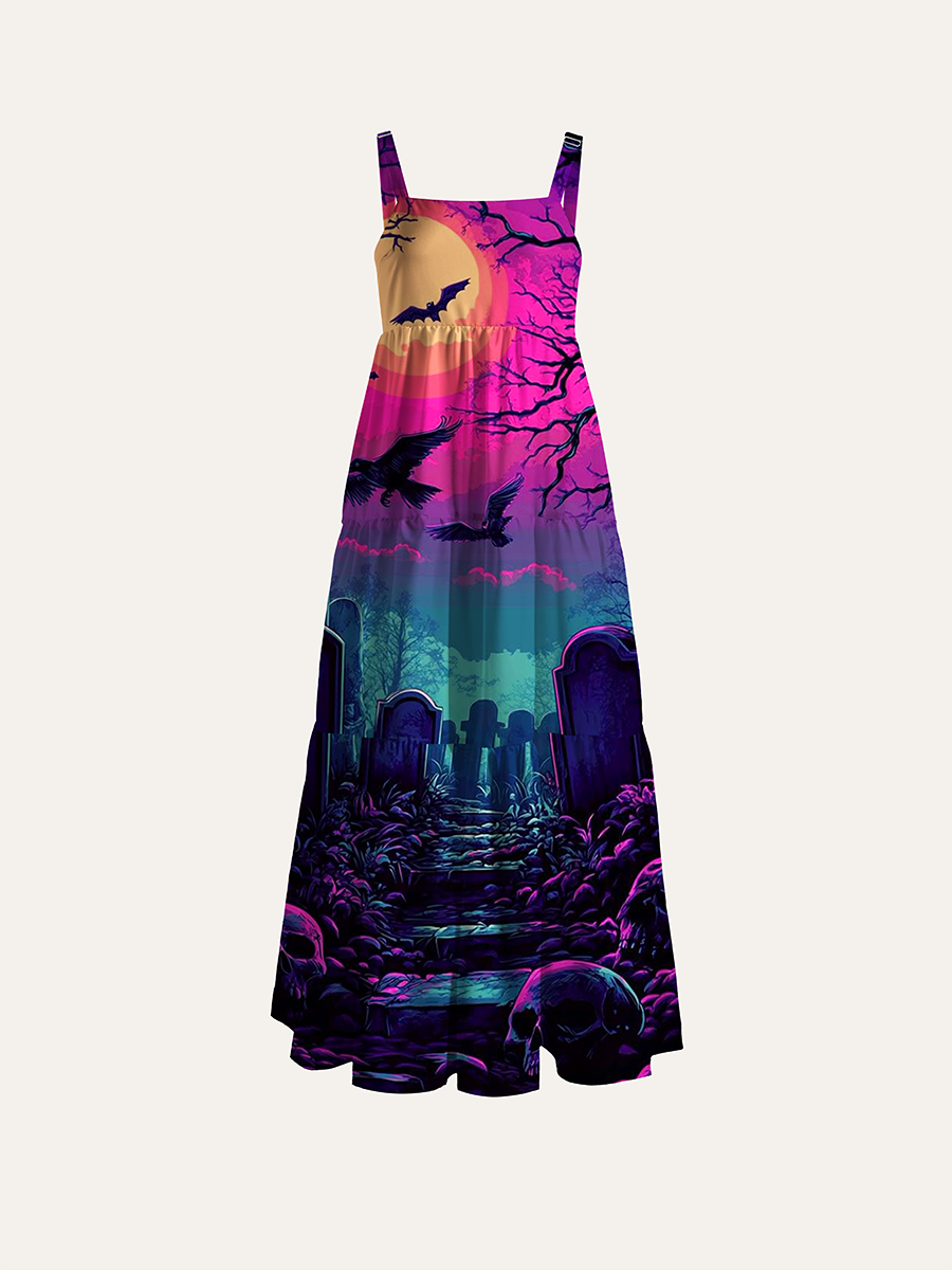 Neon Purple Teal Cemetery Halloween Adjustable Wide Straps Maxi Dress