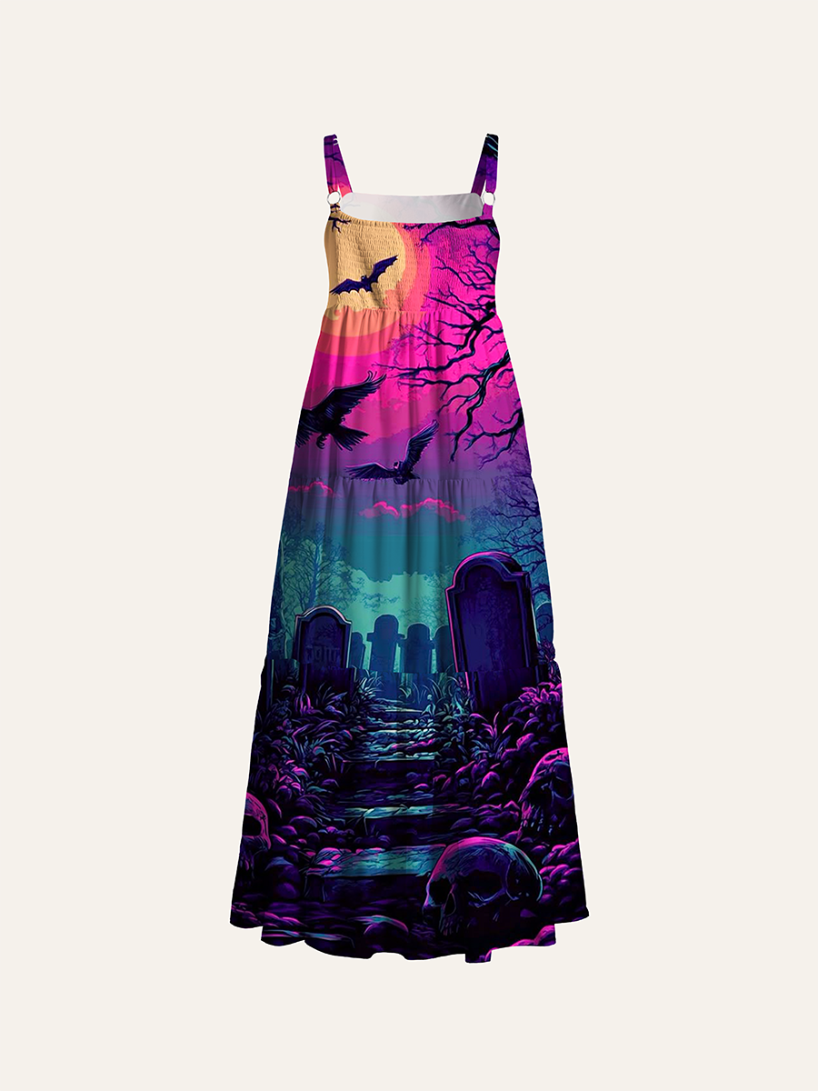 Neon Purple Teal Cemetery Halloween Adjustable Wide Straps Maxi Dress
