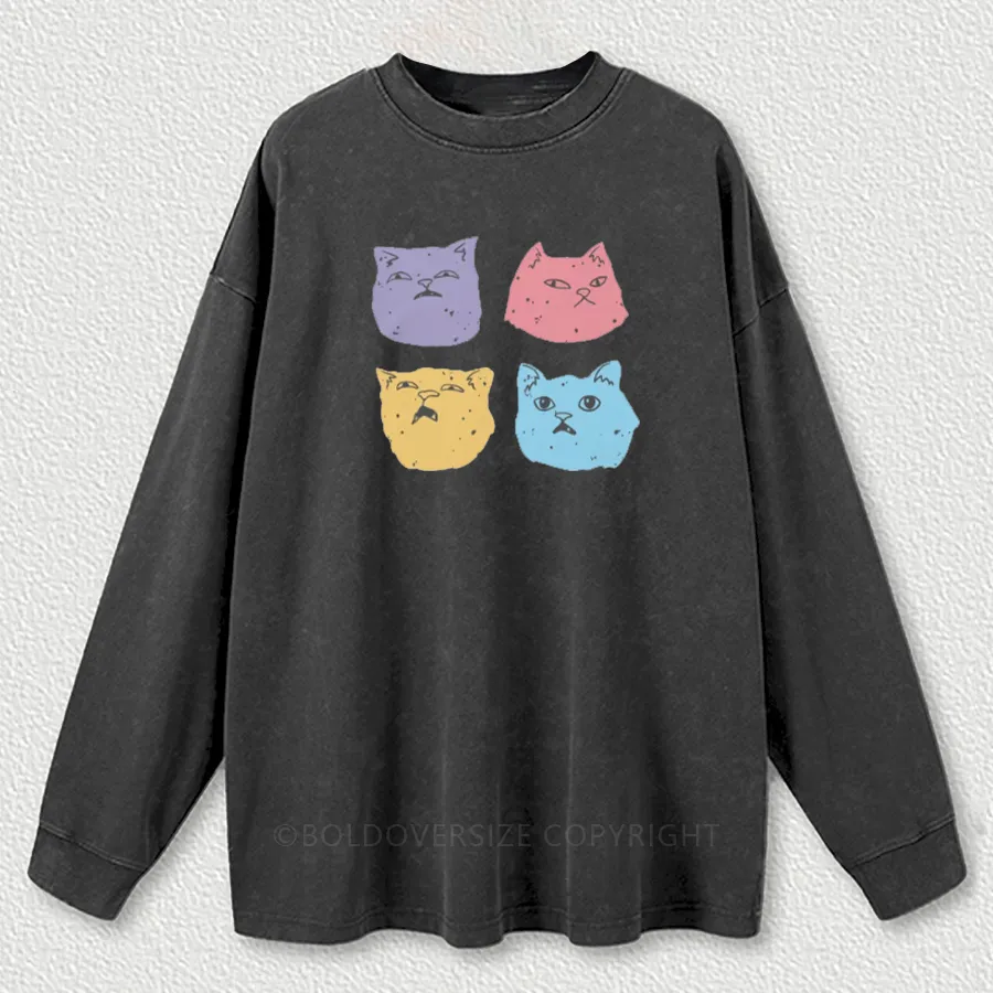 Vintage Cat Faces Washed Long Sleeve Shirt