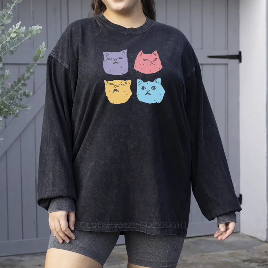 Vintage Cat Faces Washed Long Sleeve Shirt