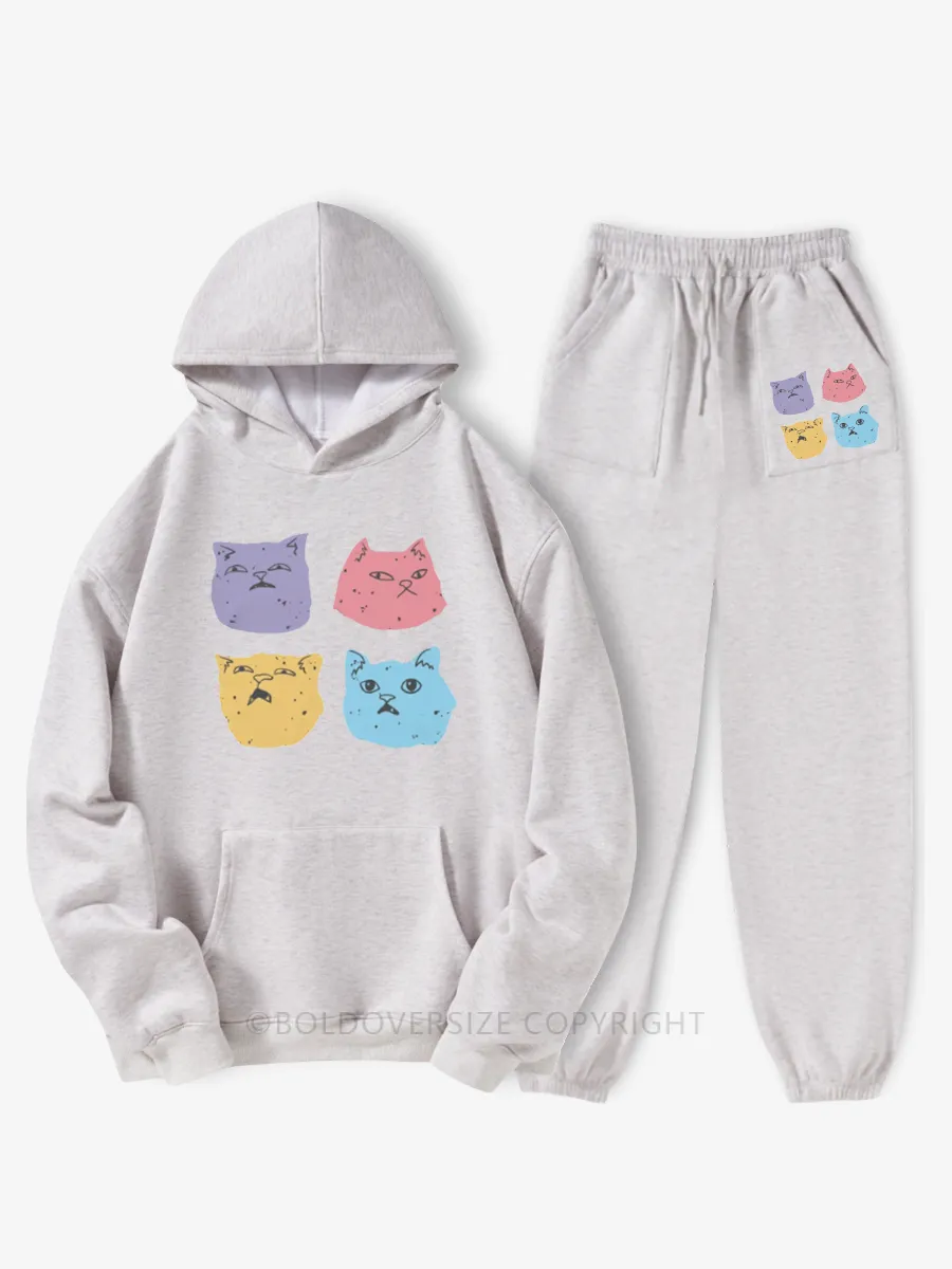 Vintage Cat Faces Hoodie Suit