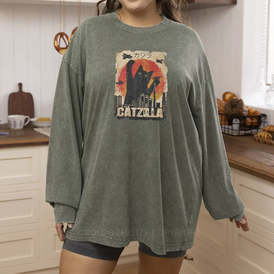 Vintage Catzilla Funny Black Cat Washed Long Sleeve Shirt